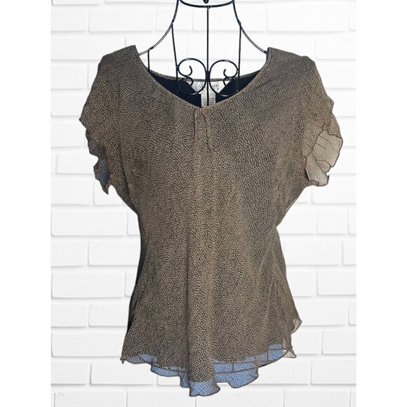 Allison Taylor Womens Size M Ruffle Sleeve Chiffon Blouse Tan Speckled 100% Silk - Picture 1 of 4